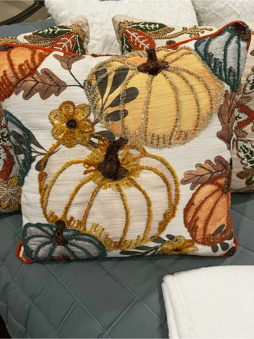 Autumn Pumpkin Embroidered Decorative Throw Pillow - White & Multicolor- bundle